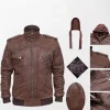 Men’s Distressed Leather Brown Bomber Hooded Jackets