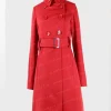 Womens Double-Breasted Red Mid- Belted Coat