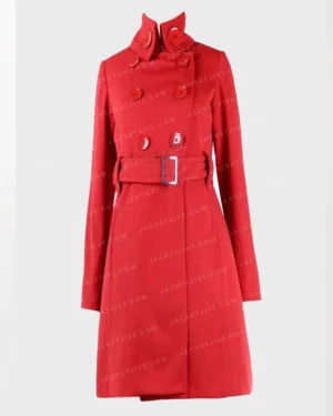Womens Double-Breasted Red Mid- Belted Coat