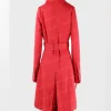 Womens Double-Breasted Red Mid-Length Belted Coat