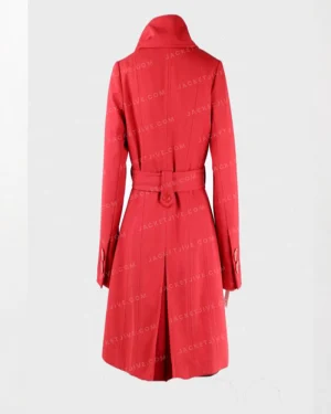 Womens Double-Breasted Red Mid-Length Belted Coat
