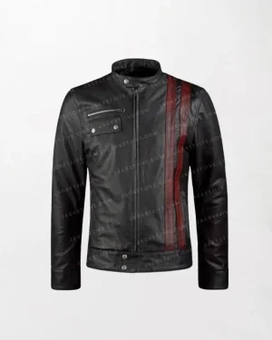 Black Biker Leather Jacket With Red Stripes