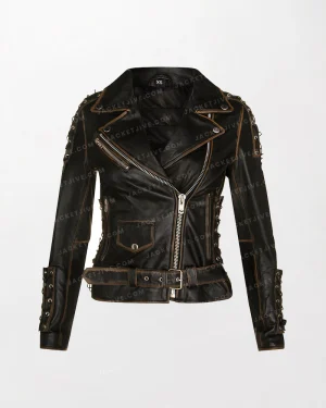 Brando Motorcycle Jacket Women's Black Leather Biker - Distressed Look, Gold Studs
