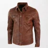 Fashion First Mens Biker Classic Brown Lambskin Leather Jacket