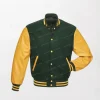 Forest Wool/Gold Leather Varsity Jacket - Green/Yellow, Zipper Front, Button Closure