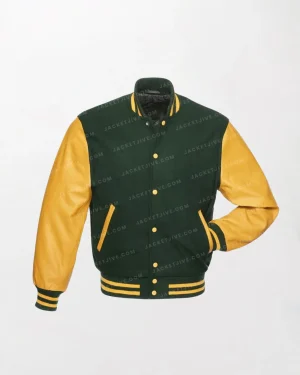 Forest Wool/Gold Leather Varsity Jacket - Green/Yellow, Zipper Front, Button Closure