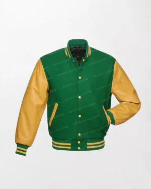 Kelly Wool and Gold Leather Varsity Jacket - Green/Yellow, Zipper Front, Button Closure