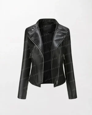 Kvinners Stilig Slim Faux Leather Biker Jacket - Black, Zipper Front