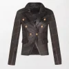 Ladies Black Leather Blazer Jacket Gold Buttons - Fitted Silhouette, Shiny Finish