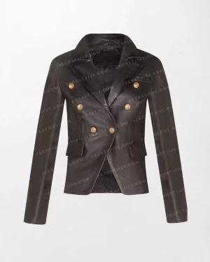 Ladies Black Leather Blazer Jacket Gold Buttons - Fitted Silhouette, Shiny Finish