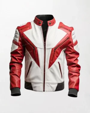 Men’s Biker Jacket Red White Jacket Genuine Sheepskin
