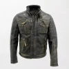 Men's Biker Jacket Vintage Black Leather - Distressed Look, Zipper Chest and Sleeves