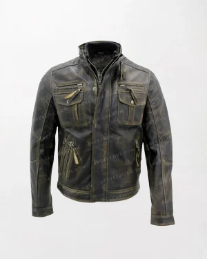 Men's Biker Jacket Vintage Black Leather - Distressed Look, Zipper Chest and Sleeves