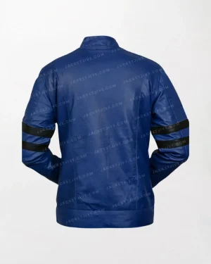 Men's Blue Leather Jacket Black Stripes Racing Bikers