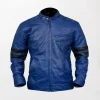 Men's Blue Leather Jacket with Black Stripes - Racing Biker Style