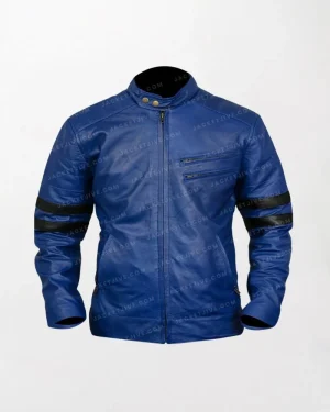 Men's Blue Leather Jacket with Black Stripes - Racing Biker Style