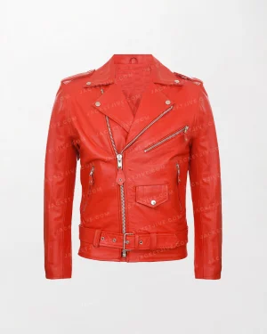 Men's Brodie Red Leather Biker Jacket - Slim Fit, Zippers, Red with Shiny Finish