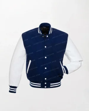 Navy Wool and White Leather Varsity Jacket - Navy/White, Snap Button Front, Ribbed Cuffs