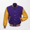 Purple Wool and Gold Leather Varsity Jacket - Purple/Gold, Snap Button Front, Ribbed Cuffs