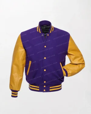 Purple Wool and Gold Leather Varsity Jacket - Purple/Gold, Snap Button Front, Ribbed Cuffs