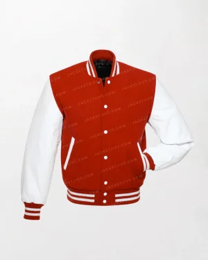 Red Wool and White Leather Varsity Jacket - Red/White, Snap Button Front, Ribbed Cuffs
