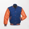 Royal Wool and Orange Leather Varsity Jacket - Blue/Orange, Zipper Front, Button Closure