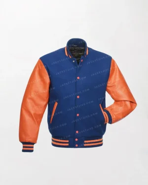 Royal Wool and Orange Leather Varsity Jacket - Blue/Orange, Zipper Front, Button Closure