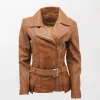 an Long Feminine Ladies Leather Biker Jacket - Zipper Front, Waist Belt