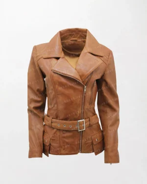 an Long Feminine Ladies Leather Biker Jacket - Zipper Front, Waist Belt