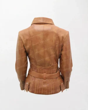 Tan Long Feminine Ladies Leather Biker Jacket