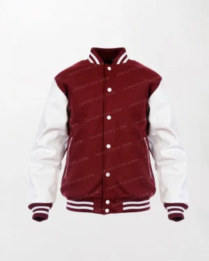 Classic American Cardinal and White Varsity Jacket - Red/White, Snap Button Front, Ribbed Cuffs