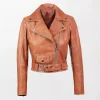 Women Short Biker Leather Jacket - Brown, Zippered Collar and Cuffs