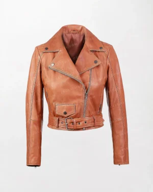 Women Short Biker Leather Jacket - Brown, Zippered Collar and Cuffs