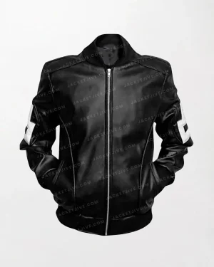 8 Ball Black Leather Bomber Jacket - Black with White Zippers, Number 8 Detail