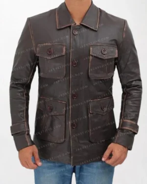 Atlanta Rough Brown Leather Jacket with Four Pockets and Distressed Look
