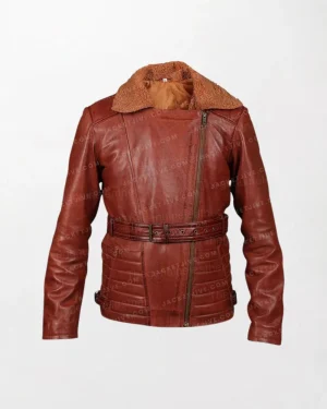 Blingsoul Women’s Asymmetrical Winter Jacket - Red Leather, Shearling Collar and Cuffs