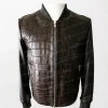 Brown Crocodile Bomber Leather Jacket - Crocodile Pattern, Zip-Up Front, Ribbed Collar, Cuffs, and Hem