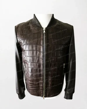 Brown Crocodile Bomber Leather Jacket - Crocodile Pattern, Zip-Up Front, Ribbed Collar, Cuffs, and Hem