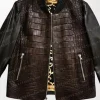Brown Crocodile Bomber Leather Jacket focus