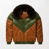 Brown & Green Leather V-Bomber Jacket - Green and Brown, Faux Fur Hood