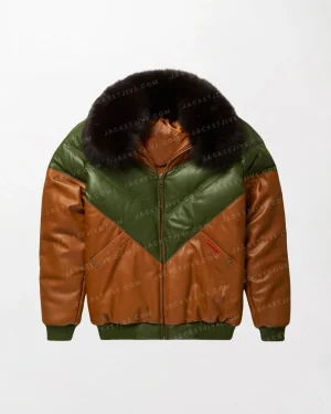 Brown & Green Leather V-Bomber Jacket - Green and Brown, Faux Fur Hood