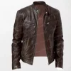 Brown Leather Long Sleeve Jacket with Collar and Chest Pockets