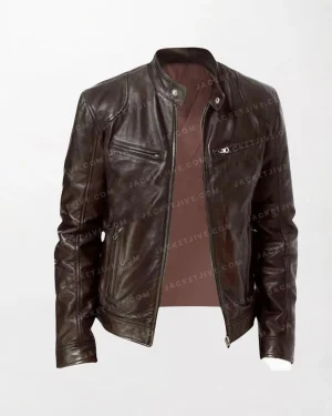 Brown Leather Long Sleeve Jacket with Collar and Chest Pockets