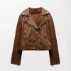 Brown Women's Motorcycle Sheepskin Leather Biker Jacket - Brown, Zipper Front