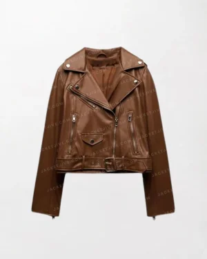 Brown Women's Motorcycle Sheepskin Leather Biker Jacket - Brown, Zipper Front