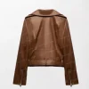 Brown Women's Motorcycle Sheepskin Leather Biker Jacket Open