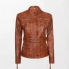 Women's Cognac Waxed Leather Jacket Belted Style Carolyn Multi Pocket - Elegant and Functional