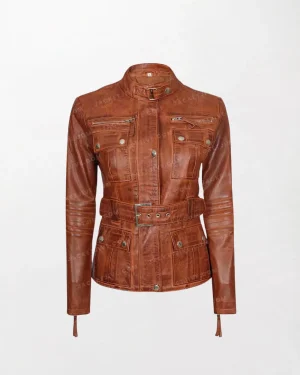 Women's Cognac Waxed Leather Jacket Belted Style Carolyn Multi Pocket - Elegant and Functional