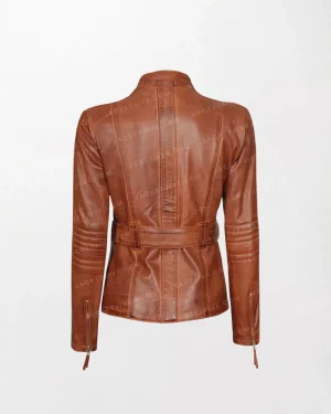 Carolyn Multi Pocket Women's Belted Style Cognac Waxed Leather Jackets
