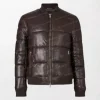 Classic Bowen Leather Puffer Bomber Jacket - Brown, Quilted Lining, Hood